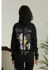 Sırt Baskılı Oversize Üç İplik Kapüşonlu Sweatshirt - Siyah