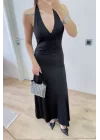 Sırt Dekolteli Uzun Kollu Elbise - Siyah