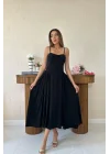 Siyah Göğüs Kuplu Uzun Büzgülü Elbise