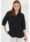 Siyah Gömlek Yaka Saten Bluz 0493