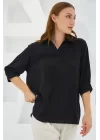 Siyah Gömlek Yaka Saten Bluz 0493