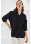 Siyah Gömlek Yaka Saten Bluz 0493