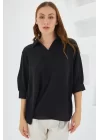 Siyah Gömlek Yaka Saten Bluz 0493