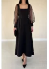 Beyaz Kolları Organze Kuplu Elbise