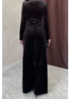 Siyah Önü Tokalı Kadife Tulum