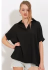 Siyah Oversize Polo Yaka Örme Bluz 0486