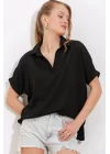 Siyah Oversize Polo Yaka Örme Bluz 0486