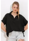 Siyah Oversize Polo Yaka Örme Bluz 0486