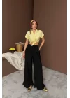 Siyah Paçası Fırfırlı Keten Pantolon