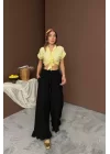 Siyah Paçası Fırfırlı Keten Pantolon