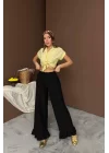 Siyah Paçası Fırfırlı Keten Pantolon