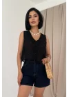 Mavi Sıfır Kol Brode Bluz