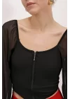 Siyah Şifon Önü Fermuarlı Bluz 0496