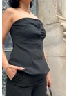Siyah Straplez Düğmeli Crop Ve Pantolon Takım