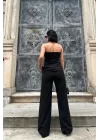Siyah Straplez Düğmeli Crop Ve Pantolon Takım