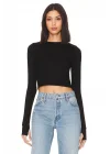 Siyah Uzun Kol Basic Çift Kat Ipek Jarse Crop Top