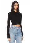 Siyah Uzun Kol Basic Çift Kat Ipek Jarse Crop Top