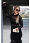 Siyah Uzun Kullu Güpür Ve Transparan Detay Diz üstü Elbise