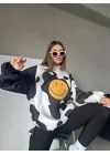 Smiley Face Kapüşonlu Sweatshirt - Siyah