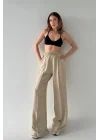 MetuCa Sofia Kadın Bej Yüksek Bel Beli Lastikli Dökümlü Keten Palazzo Pantolon
