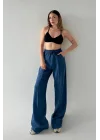 MetuCa Sofia Kadın İndigo Yüksek Bel Beli Lastikli Dökümlü Keten Palazzo Pantolon