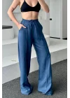 MetuCa Sofia Kadın İndigo Yüksek Bel Beli Lastikli Dökümlü Keten Palazzo Pantolon