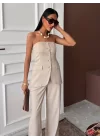 Straplez Büstiyerli Plazzo Pantolonlu Çizgili Takım 10151