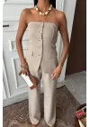 Straplez Büstiyerli Plazzo Pantolonlu Çizgili Takım 10151