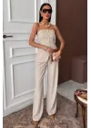 Straplez Büstiyerli Plazzo Pantolonlu Çizgili Takım 10151