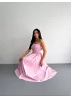 Straplez Pileli Elbise - Pembe