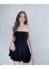 Straplez Sandy Kumaş Şortlu Prenses Etek Mini Klos Elbise- Siyah