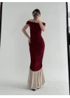 Striptiz Omuzlu Uzun Elbise- Bordo