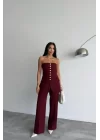 TASARIM GOLD DÜĞMELİ STRAPLEZYELEK - Bordo