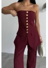 TASARIM GOLD DÜĞMELİ STRAPLEZYELEK - Bordo