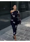 Tek Omuz Asimetrik Desenli Uzun Şifon Elbise - Siyah