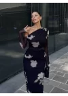 Tek Omuz Asimetrik Desenli Uzun Şifon Elbise - Siyah