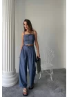 TENCEL CROP ASKILI BLUZ - ŞALVAR PANTOLON TK - İndigo