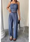 TENCEL CROP ASKILI BLUZ - ŞALVAR PANTOLON TK - İndigo