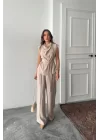 TENCEL MODAL KOLSUZ BLUZ KAPALI CEP DETAYLI DÖKÜMLÜ - PANTOLON TAKIM - Bej