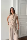 TENCEL MODAL KOLSUZ BLUZ KAPALI CEP DETAYLI DÖKÜMLÜ - PANTOLON TAKIM - Bej