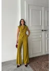 TENCEL MODAL KOLSUZ BLUZ KAPALI CEP DETAYLI DÖKÜMLÜ - PANTOLON TAKIM - Yağ Yeşili