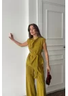 TENCEL MODAL KOLSUZ BLUZ KAPALI CEP DETAYLI DÖKÜMLÜ - PANTOLON TAKIM - Yağ Yeşili