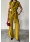 TENCEL MODAL KOLSUZ BLUZ KAPALI CEP DETAYLI DÖKÜMLÜ - PANTOLON TAKIM - Yağ Yeşili