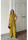 TENCEL MODAL KOLSUZ BLUZ KAPALI CEP DETAYLI DÖKÜMLÜ - PANTOLON TAKIM - Yağ Yeşili