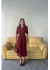 TENCEL ÖNDEN DÜĞMELİ KISA KOL ELBİSE - Bordo