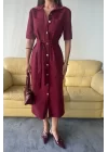 TENCEL ÖNDEN DÜĞMELİ KISA KOL ELBİSE - Bordo