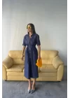 TENCEL ÖNDEN DÜĞMELİ KISA KOL ELBİSE - Mavi