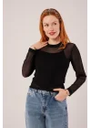 Transparan Siyah Tül Basic Bluz