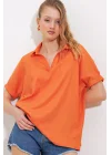 Turuncu Oversize Polo Yaka Örme Bluz 0486