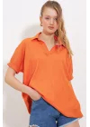 Turuncu Oversize Polo Yaka Örme Bluz 0486